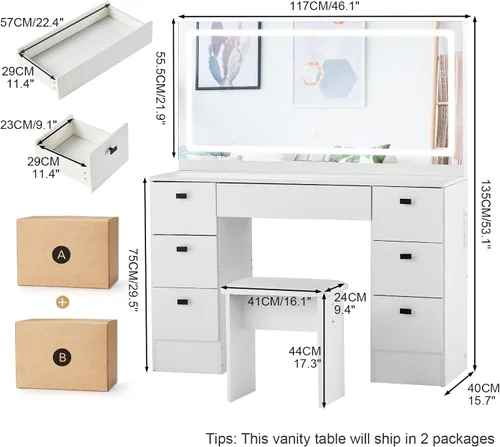 Vista 7 de CLIPOP Escritorio de tocador de maquillaje con espejo iluminado grande, mesa de maquillaje con 7 cajones, toma de corriente, control táctil, 3 modos