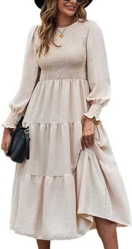 Vista 2 de SEBOWEL Vestido largo de manga larga con cuello redondo para mujer, con volantes escalonados, acampanado, vestido fluido para fiesta de cóctel