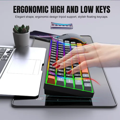 Vista 3 de Snpurdiri Combo de teclado y mouse inalámbricos 60% para juegos, batería recargable de 2000 mAh con retroiluminación arcoíris, mini teclado mecánico