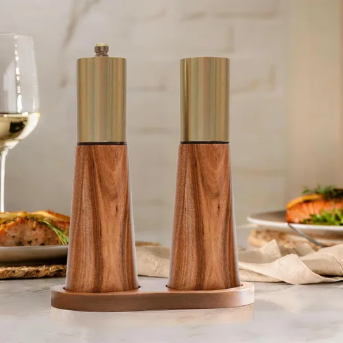 Vista 8 de Juego de molinillo de sal y pimienta, molinillo de pimienta de madera de acacia con grosor ajustable, molinillo de hoja de cerámica recargable