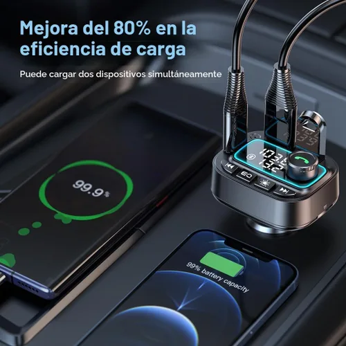Vista 3 de Adaptador de coche Bluetooth 5.3 Transmisor FM, 42 W (PD30W y 12 W), cargador de coche USB C, receptor de radio inalámbrico, llamadas manos libres