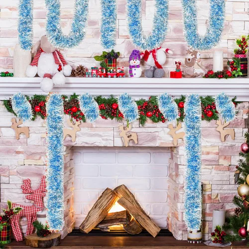 Vista 5 de Guirnalda de oropel con purpurina para árbol de Navidad de 50 pies, con punta de escarcha, decoración brillante para fiestas de Navidad, decoración