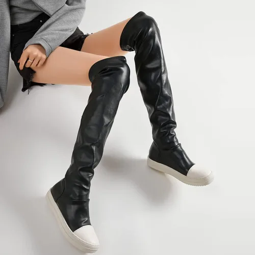 Vista 2 de Kluolandi Botas altas hasta la rodilla para mujer, elásticas, planas, cómodas, hasta la rodilla