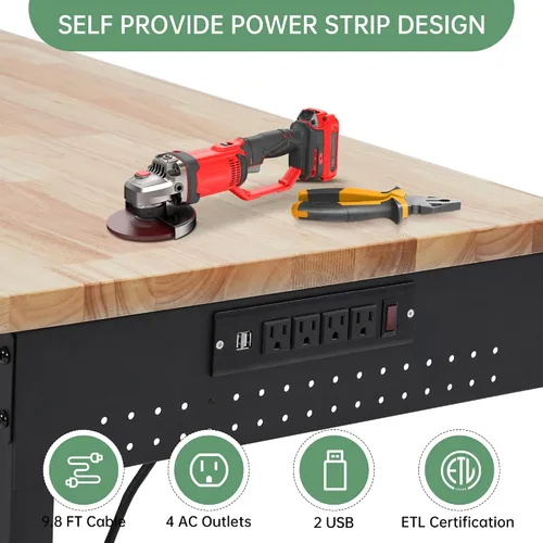 Vista 7 de Work Bench for Garage, 48" Adjustable Workbench with Power Outlets, Wheels, 2000 LBS Load Capacity, Heavy Duty Rubber Wood Top for Garage