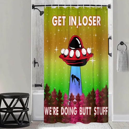 Vista 9 de MERCHR Funny UFO Shower Curtain for Bathroom, Unique Fun Alien Blue Space Starry Sky Forest Fabric Shower Curtains Set, Weird Restroom Decor