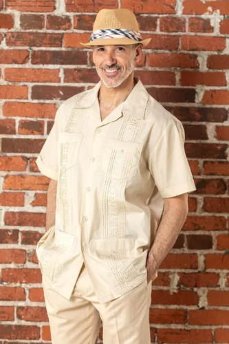 Vista 3 de Camisa de guayabera para hombre, cuatro bolsillos, manga corta, clásica, para vacaciones, boda, bordado, Pintuck, camisa relajada