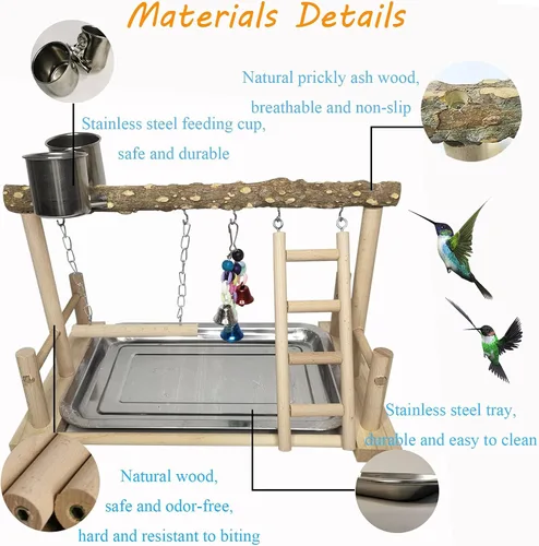 Vista 3 de PINVNBY Parque infantil para pájaros, soporte de madera para ejercicio, perca, gimnasio, escalera, con comedero, columpio, juguetes para periquitos