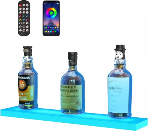 Vista 14 de VEVOR Pantalla de botella de licor con iluminación LED, 2 niveles de 30 pulgadas, compatible con USB, estante iluminado de bar para el hogar