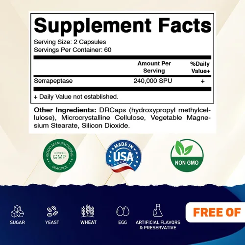 Vista 2 de Vitamatic Serrapeptase 240,000 SPU por porción, 120 cápsulas de liberación retardada - Recubrimiento entérico - Sin OGM - Fabricado en los Estados