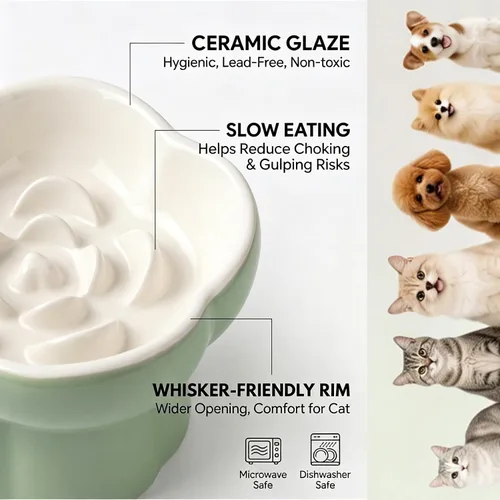 Vista 2 de Cuenco elevado de cerámica para gatos con alimentación lenta, plato