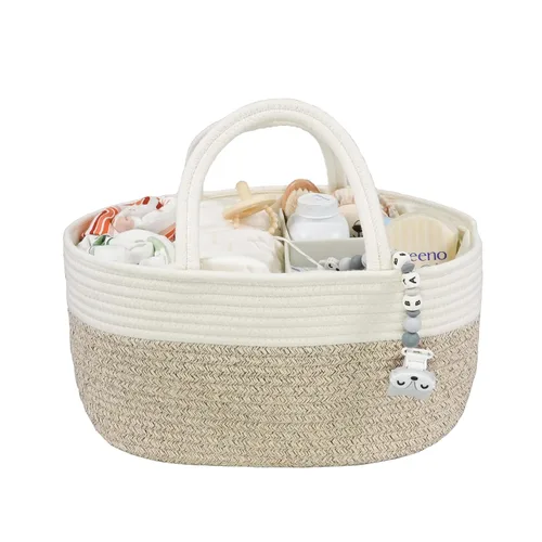 Vista 10 de Organizador de pañales para bebé con asa de cuerda de algodón para niña o niño, cesta de almacenamiento portátil para guardería, bolsa de pañales