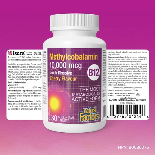 Vista 8 de Natural Factors Metilcobalamina 10,000 mcg - Suplemento de vitamina B12 en forma metabólicamente activa - Suplemento apoya la formación celular