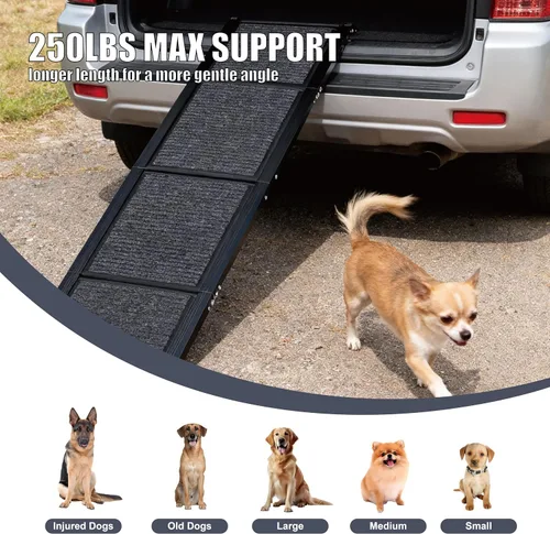 Vista 7 de Rampa para perros para automóvil, escalera plegable portátil para mascotas con superficie antideslizante de hasta 250 libras, capacidad de carga al
