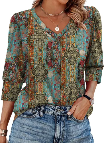 Vista 12 de XIEERDUO - Blusas de manga 3/4 para mujer, cuello en V, con botones, estilo A-blanco