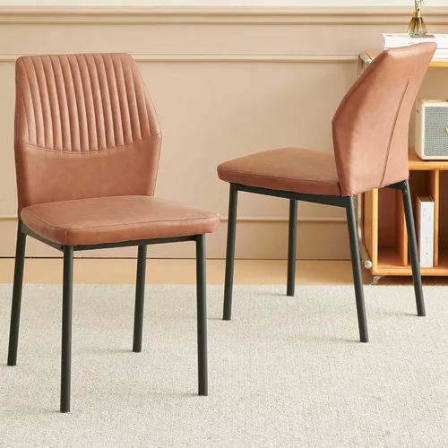 Vista 7 de Juego de 2 sillas de comedor de piel sintética marrón, cómodas sillas de cocina tapizadas sin brazos con patas de metal negro para sala de estar