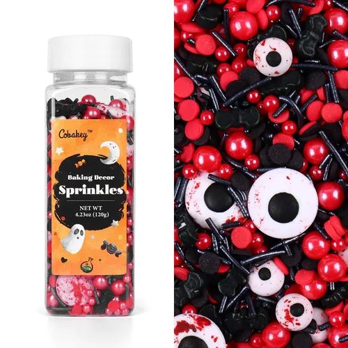 Vista 7 de Gránulos oculares para decoración de pasteles, chispas de perlas negras y rojas con murciélagos negros y dulces de globo ocular, perfectos