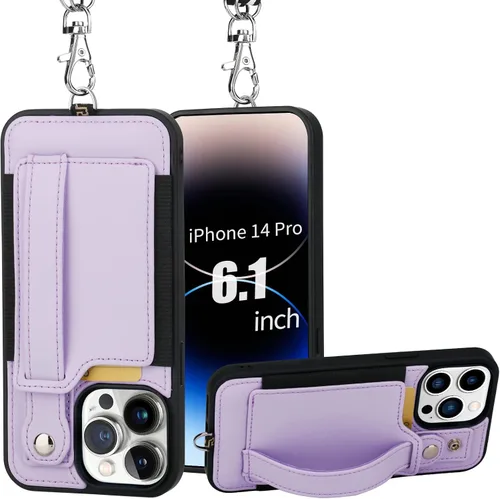 Vista 30 de TOOVREN Funda para teléfono compatible con iPhone 14 Plus, compatible con iPhone 14 Plus, funda con correa para tarjetero, cordón de cuero para Negro