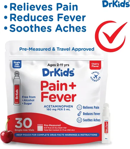 Vista 8 de Dr. Kids Medicina infantil para el dolor y la fiebre, acetaminofeno para niños de 2 a 11 años, viales de un solo uso premedidos para dolor