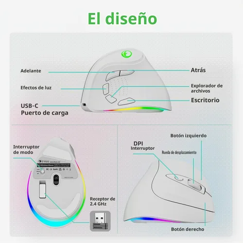 Vista 6 de Ratón ergonómico vertical inalámbrico recargable RGB de 2.4G y BT 5.1, 5 botones laterales, máximo 8400 DPI, para PC, portátil, para Windows 11 10