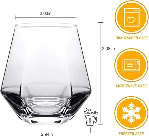 Vista 2 de Juego de 4 copas de vino, sin tallo, transparentes de 10 onzas, copas de vidrio geométricas con forma de diamante, hermosas copas de vino sin tallo