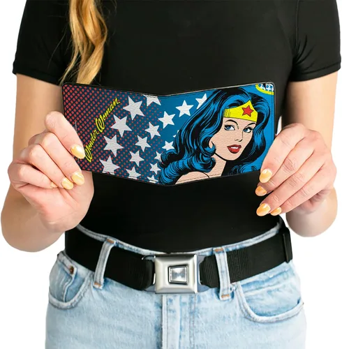 Vista 6 de Buckle-Down Billetera plegable de PU para hombre, diseño de estrellas y cara de la mujer maravilla, azul, rojo, amarillo, blanco, multicolor, 4.0 x