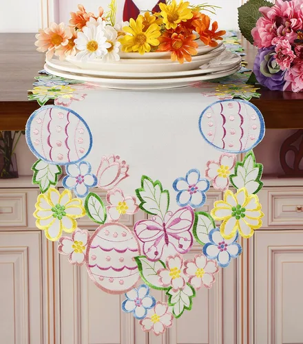 Vista 6 de Camino de mesa de Pascua y primavera de 13 x 68 pulgadas, huevos bordados, huevos florales con flores, mariposas y bufandas para el hogar, cocina
