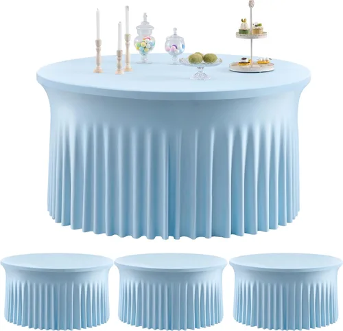Vista 9 de Paquete de 6 manteles redondos de elastano azul bebé para mesa de 60 pulgadas, manteles elásticos de 120 pulgadas ajustables de 5 pies, manteles