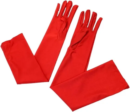 Vista 3 de Guantes de ópera rojos de los años 20, guantes largos de satén hasta el codo, guantes elásticos de 21 pulgadas para fiesta de noche y baile nupcial