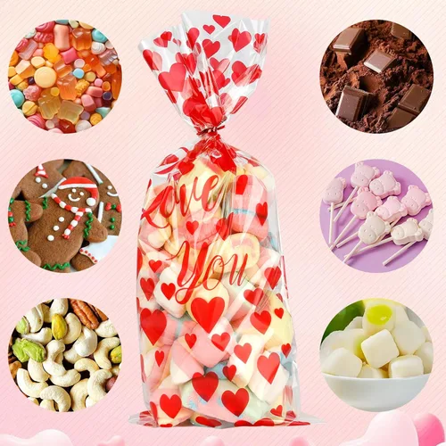 Vista 5 de Bolsas de dulces de San Valentín, 200 piezas de bolsas de celofán de San Valentín, bolsas de plástico transparente rojo para dulces, galletas