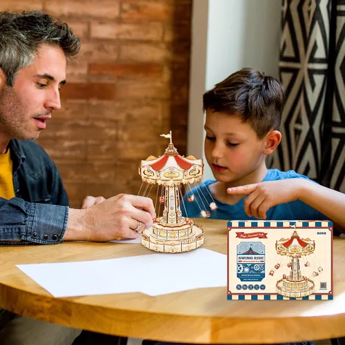 Vista 8 de ROKR Kit de rompecabezas 3D de madera con caja de música y LED, kit de modelo mecánico giratorio con columpio, kit de manualidades de bricolaje