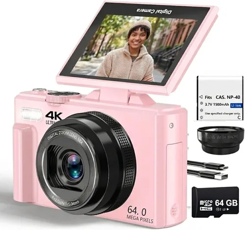 Vista 9 de Acuvar Kit de cámara digital 4K 64MP para fotografía, vlogging para YouTube con pantalla abatible, WiFi, lente gran angular, filtros, 2 tarjetas
