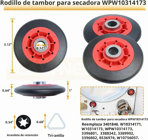 Vista 3 de WPW10314173 Kit de soporte de tambor de rodillo para secadores Whirlpool Maytag 2xWPW10314173+1x691366+1x341241+1xWPW10359269+1xWPW10359270