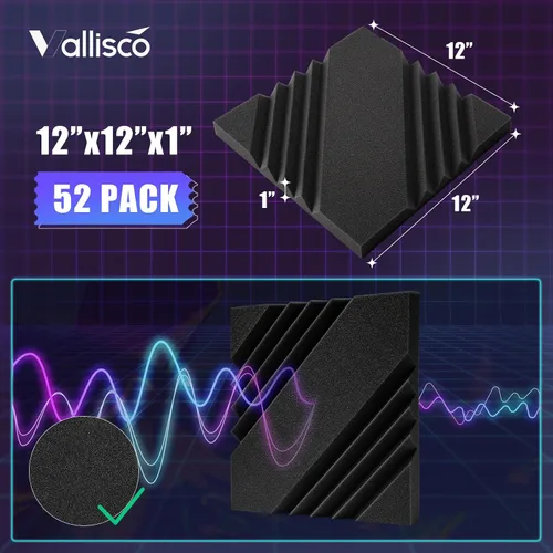 Vista 11 de [Usado] VallisCo Paquete de 52 paneles acústicos de 1 x 12 x 12 pulgadas, paneles de espuma acústica para insonorización, reducción de ruido