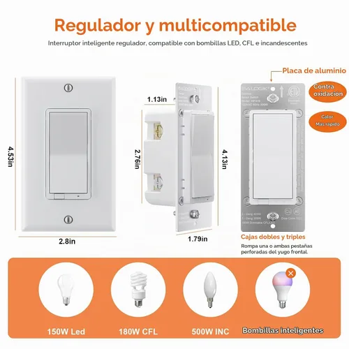 Vista 4 de EVA LOGIK Interruptor de luz inteligente con atenuación WiFi, un solo polo