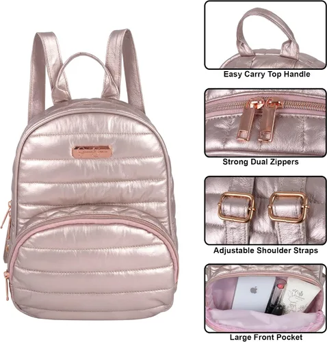 Vista 3 de Jessica Simpson Mini mochila acolchada para mujer, para el trabajo, la recreación, los desplazamientos y los viajes, Acolchado metálico