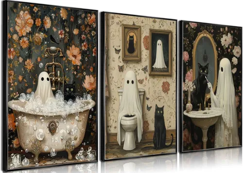 Vista 9 de NBYARTQ Pósteres de Fantasmas de Halloween Arte de Pared Juego de 3 Impresiones de Terror Espeluznante Academia Oscura Fantasma y Gato Negro