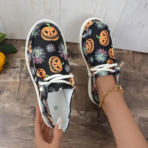 Vista 8 de Zapatos deportivos de lona con estampado de calabaza de Halloween para mujer, zapatos bajos de lona para decoración de Halloween, zapatos planos