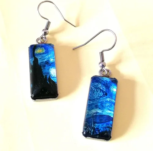 Vista 9 de Van Gogh - Aretes colgantes con diseño de girasol y cielo estrellado para mujer, aretes de arte abstracto