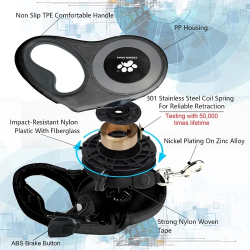 Vista 8 de Correa retráctil de 16 pies para perros extra grandes de hasta 130 libras, cinta de nailon sin enredos, color negro Dan24 XL