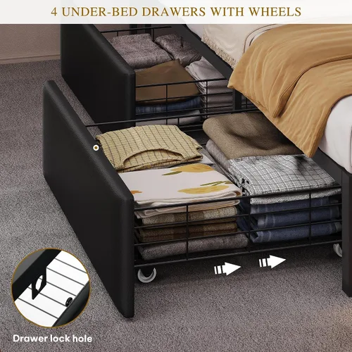 Vista 6 de DWVO Queen Size Bed Frame with RGB LED Lights & Storage Bookcase Headboard Upholstered Bed with Charging Station and 4 Drawers, No Box Spring