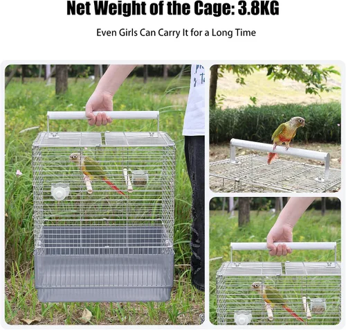 Vista 4 de Jaula para pájaros de viaje de acero inoxidable, 304 portátil, plegable, para loros, conures, cacatúas, periquitos, jaula grande de 17 pulgadas