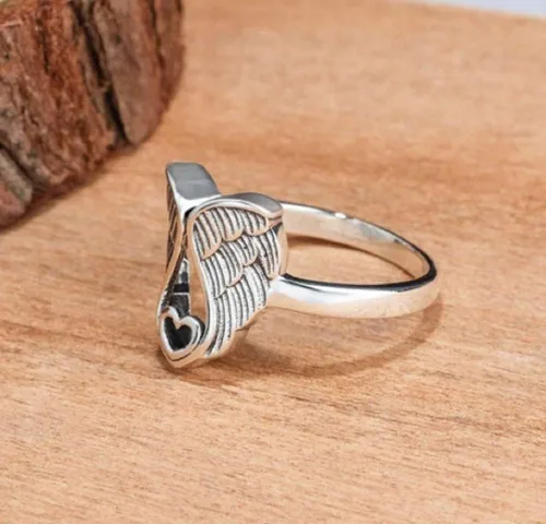 Vista 3 de HUKQBUNX - Anillo de plata de ley 925 con alas de ángel retro Love Fresh para mujer, tamaño 6-10 (talla 9)