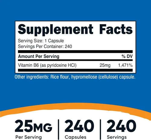 Vista 2 de Nutricost Vitamina B6 (Piridoxina HCl) 25 mg, 240 Cápsulas - Sin OMG, sin gluten y apta para vegetarianos