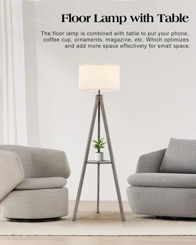 Vista 7 de ELYONA Lámpara de pie con trípode de madera estilo granja con mesa, lámpara de pie de lectura moderna con 3 temperaturas de color, bombilla LED