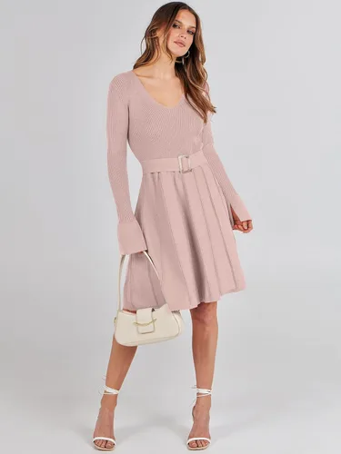 Vista 7 de ANRABESS Vestido tipo suéter de manga larga con cuello en V y lazo en la cintura, plisado, acampanado, elegante, de punto acanalado, vestido midi