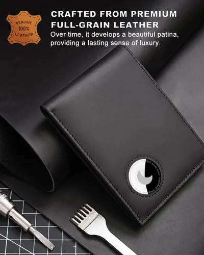 Vista 25 de Billetera AirTag para hombre, de piel auténtica plegable con bloqueo Rfid AirTag con ranuras para efectivo y ventana de identificación, compatible