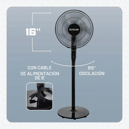 Vista 2 de Hurricane - Ventilador de pedestal oscilante, unidad de enfriamiento de 12 velocidades, 16 pulgadas, negro - Con control remoto, inclinación