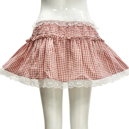Vista 3 de Falda de hombre Sissy con volantes de encaje calado plisado a cuadros de una línea Minifalda