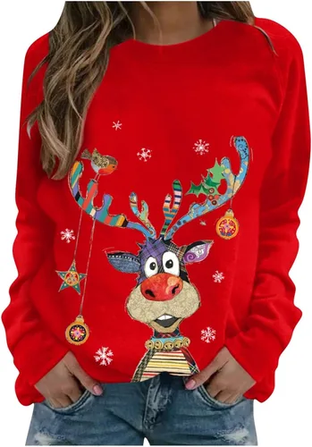 Vista 2 de Rikbuig Sudaderas de Navidad para mujer, lindo estampado de alce, cuello redondo, suéter de forro polar, ropa para festivales