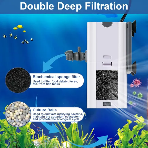 Vista 2 de Filtro de acuario de 132 GPH 4-en-1, filtros de tanque de peces de 10-40 galones para filtración y oxigenación, filtro para tanque de peces
